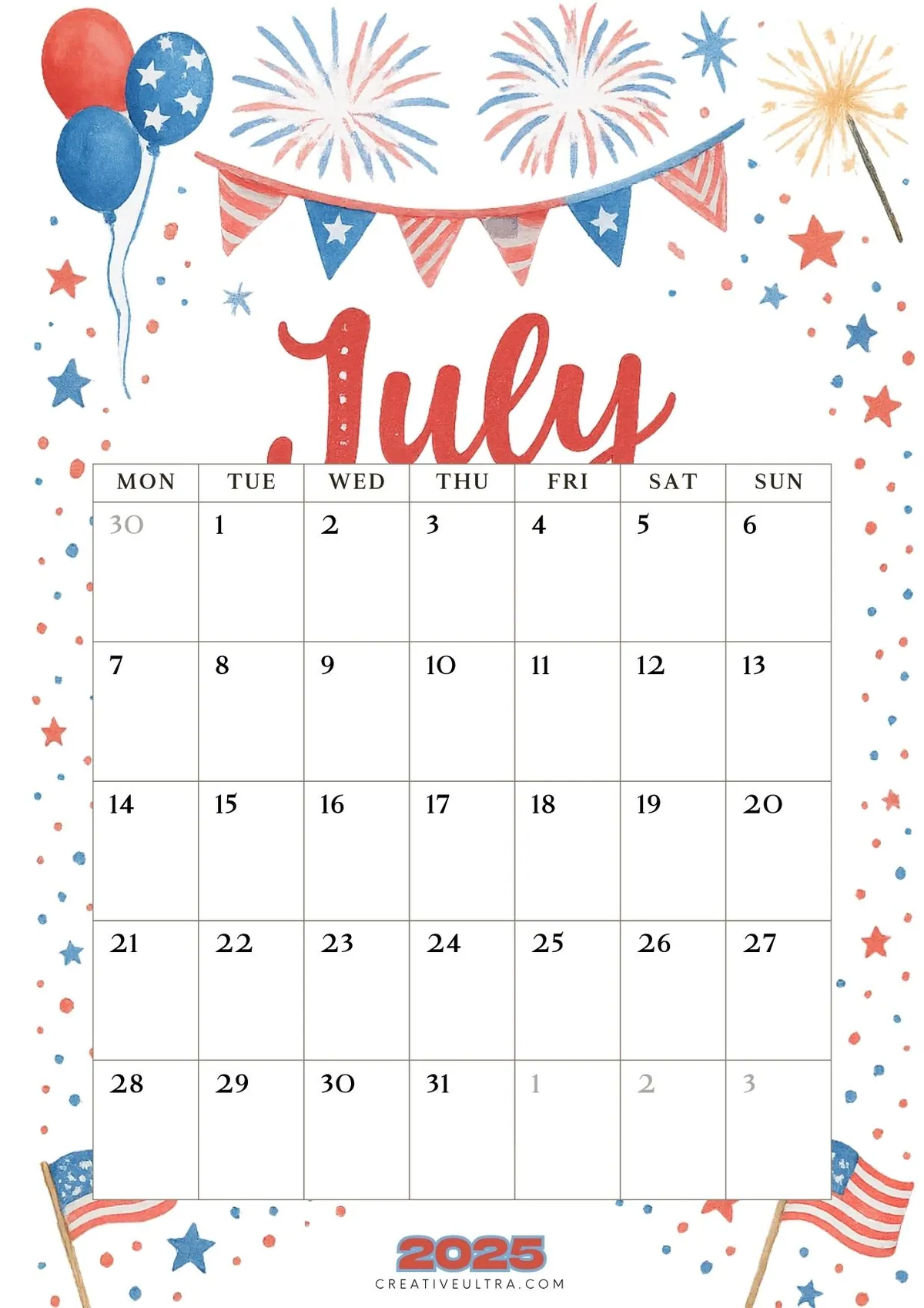 3. Fireworks & Balloons July 2025 Calendar