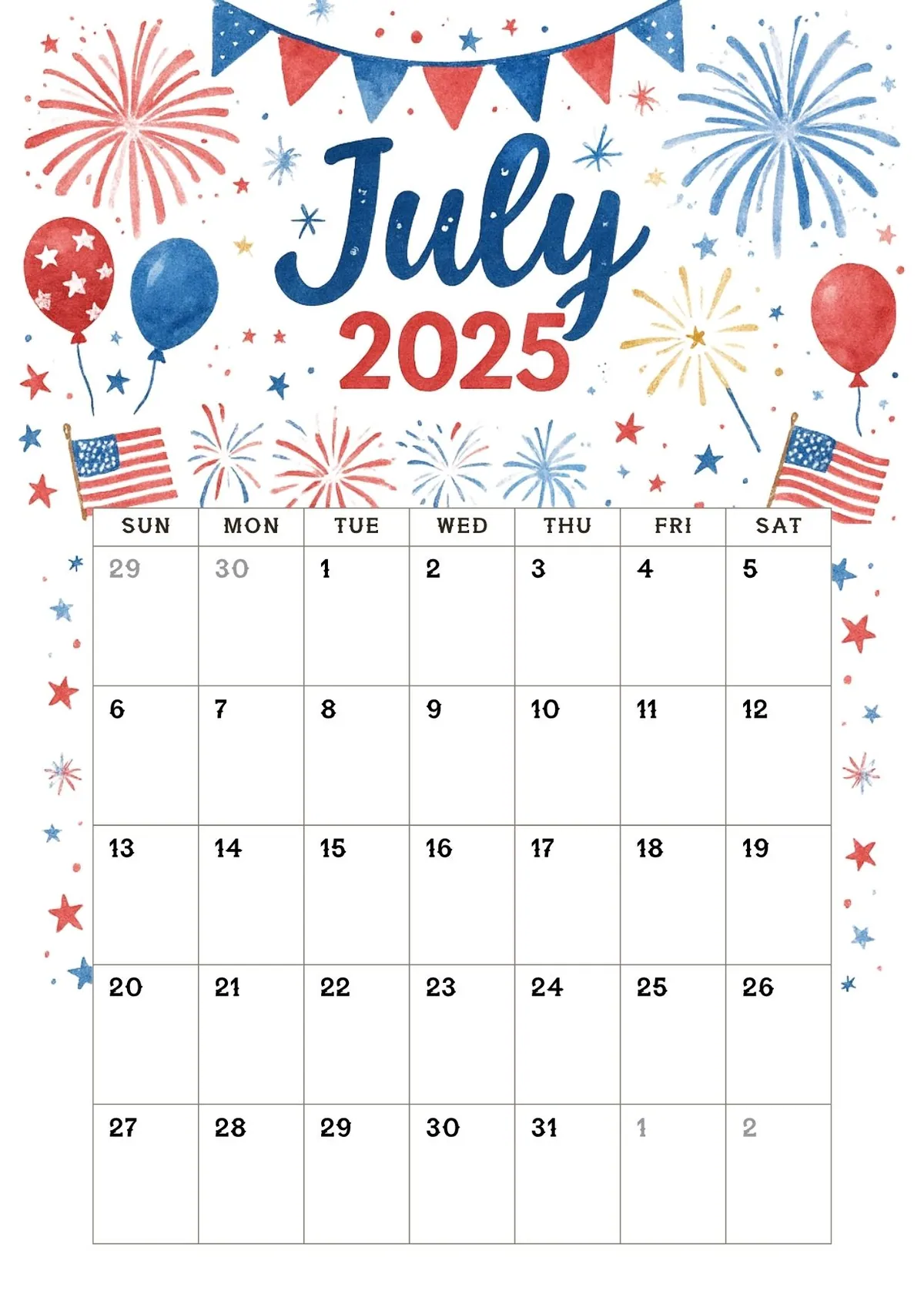 4. Independence Day Fireworks July 2025 Calendar