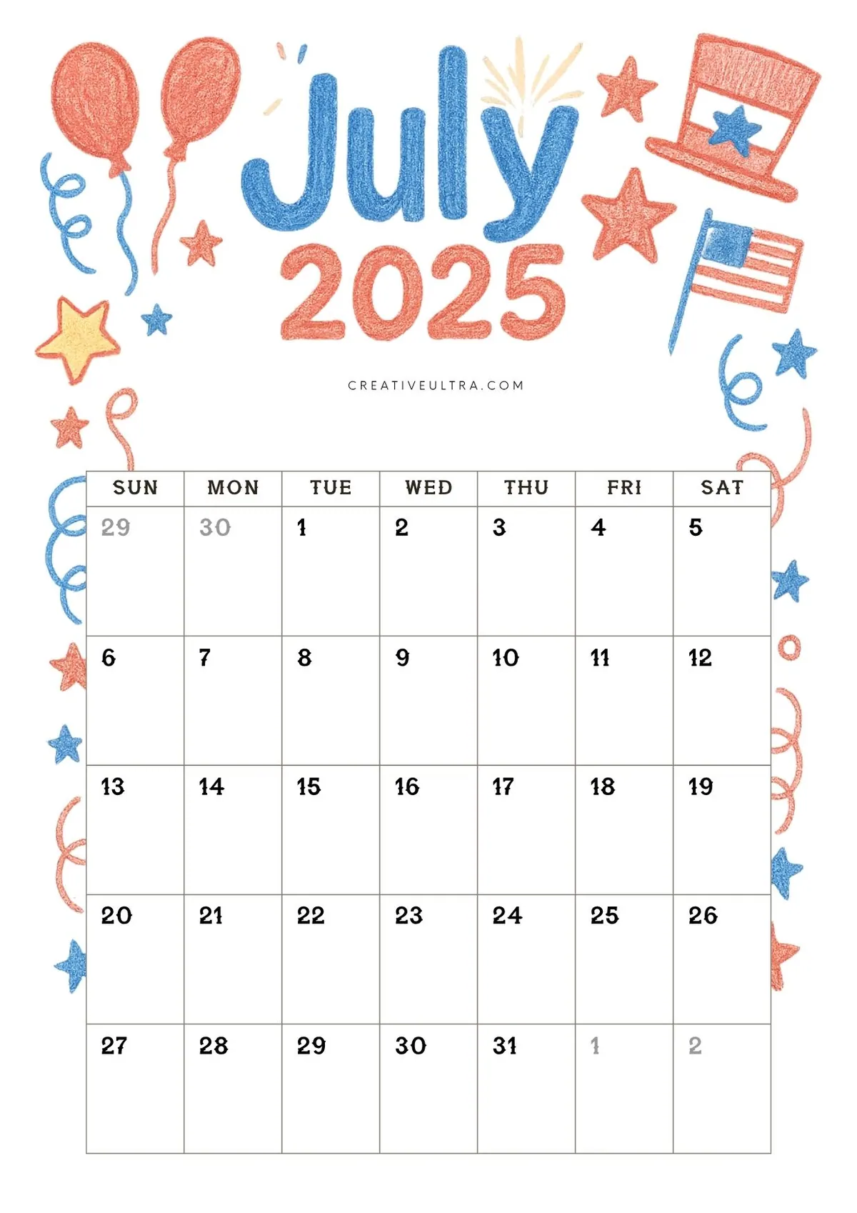 5. Crayon Patriotic Party July 2025 Calendar