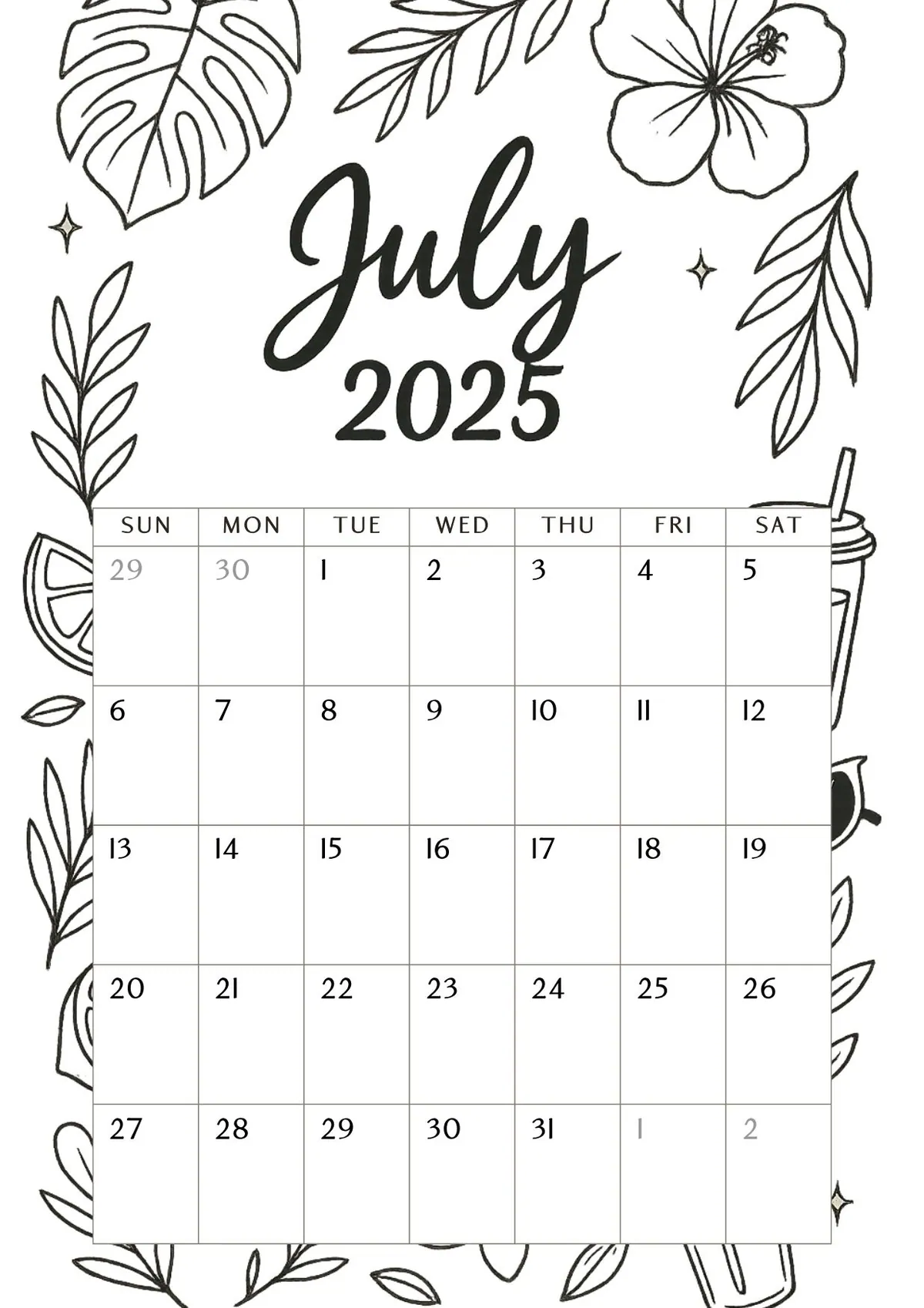 7. Black & White Tropical July 2025 Calendar
