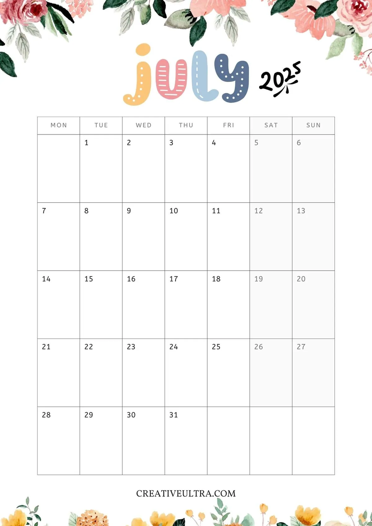 Floral July 2025 Monthly Calendar