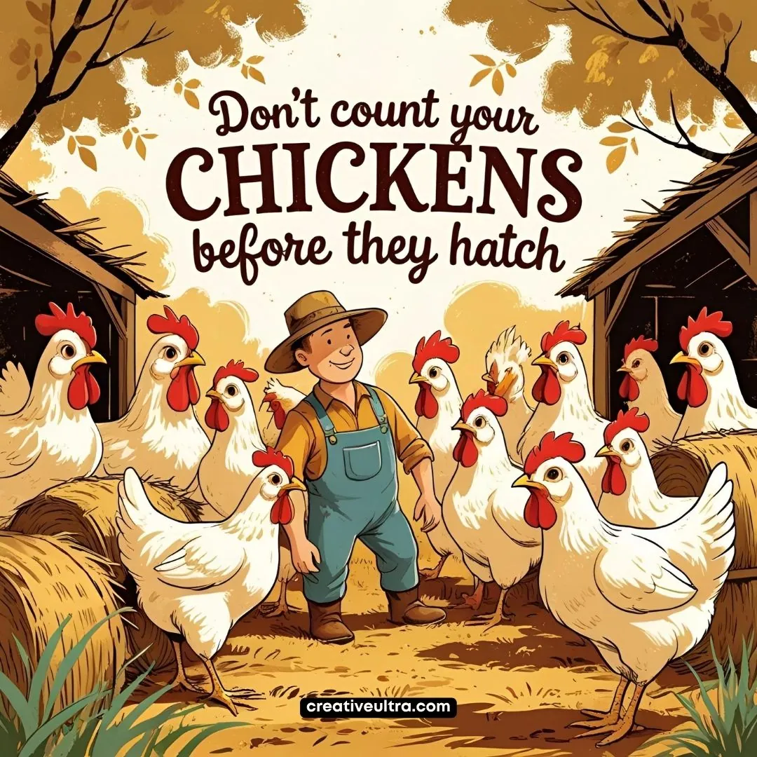 A cartoon farmer surrounded by smiling white chickens stands in a barnyard. The text above reads, "Don't count your chickens before they hatch." The scene feels cheerful and whimsical.