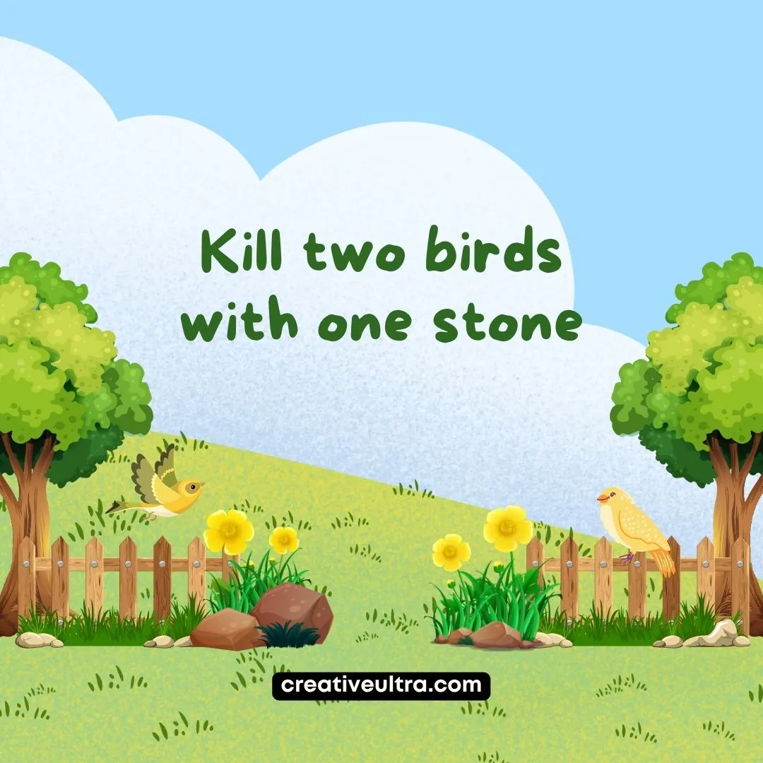 Illustration of a sunny landscape with trees, a wooden fence, and birds. Text reads "Kill two birds with one stone." Tone is playful and whimsical.