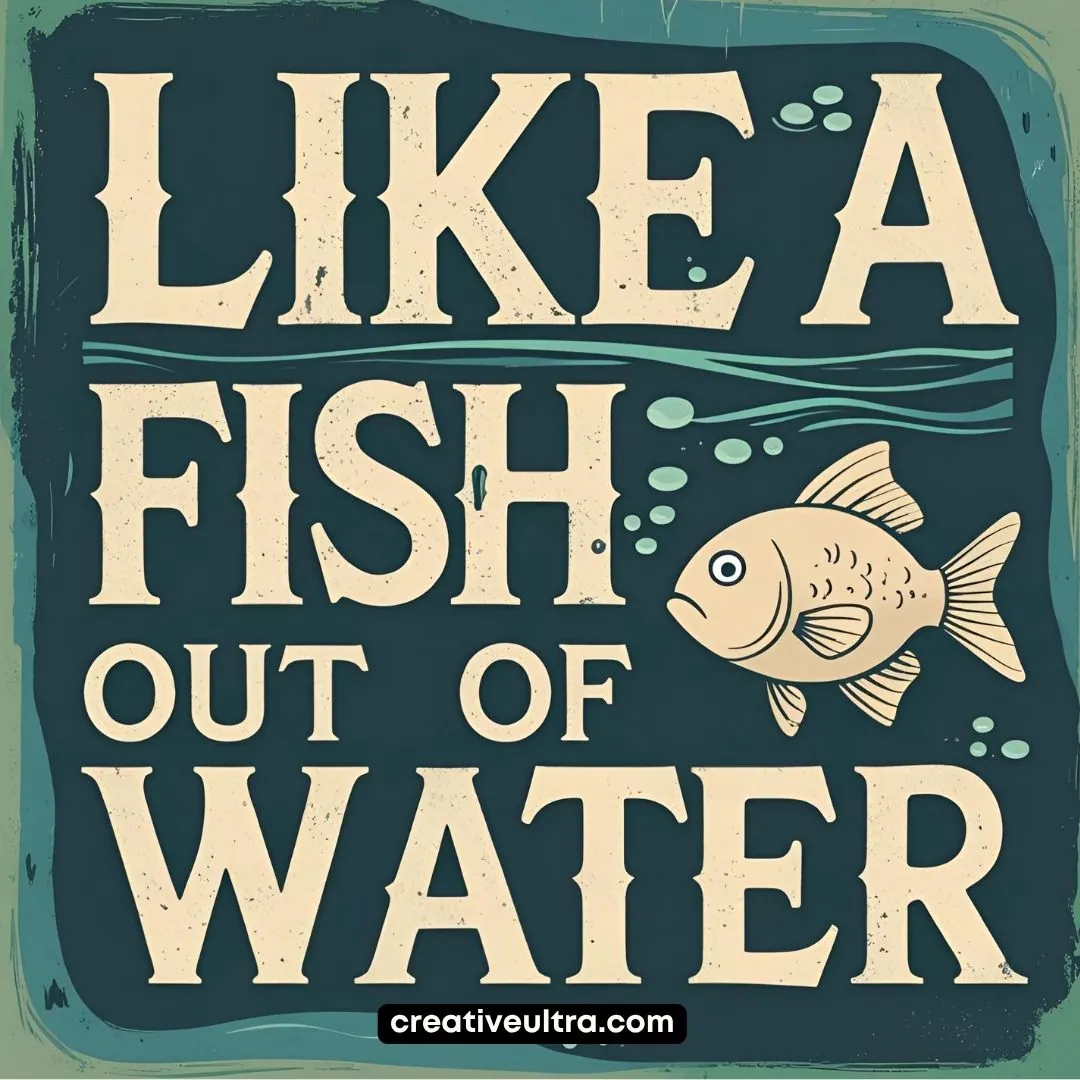 Text graphic in vintage style reads "Like a Fish Out of Water" with an illustration of a fish. The background is teal, conveying a retro feel.
