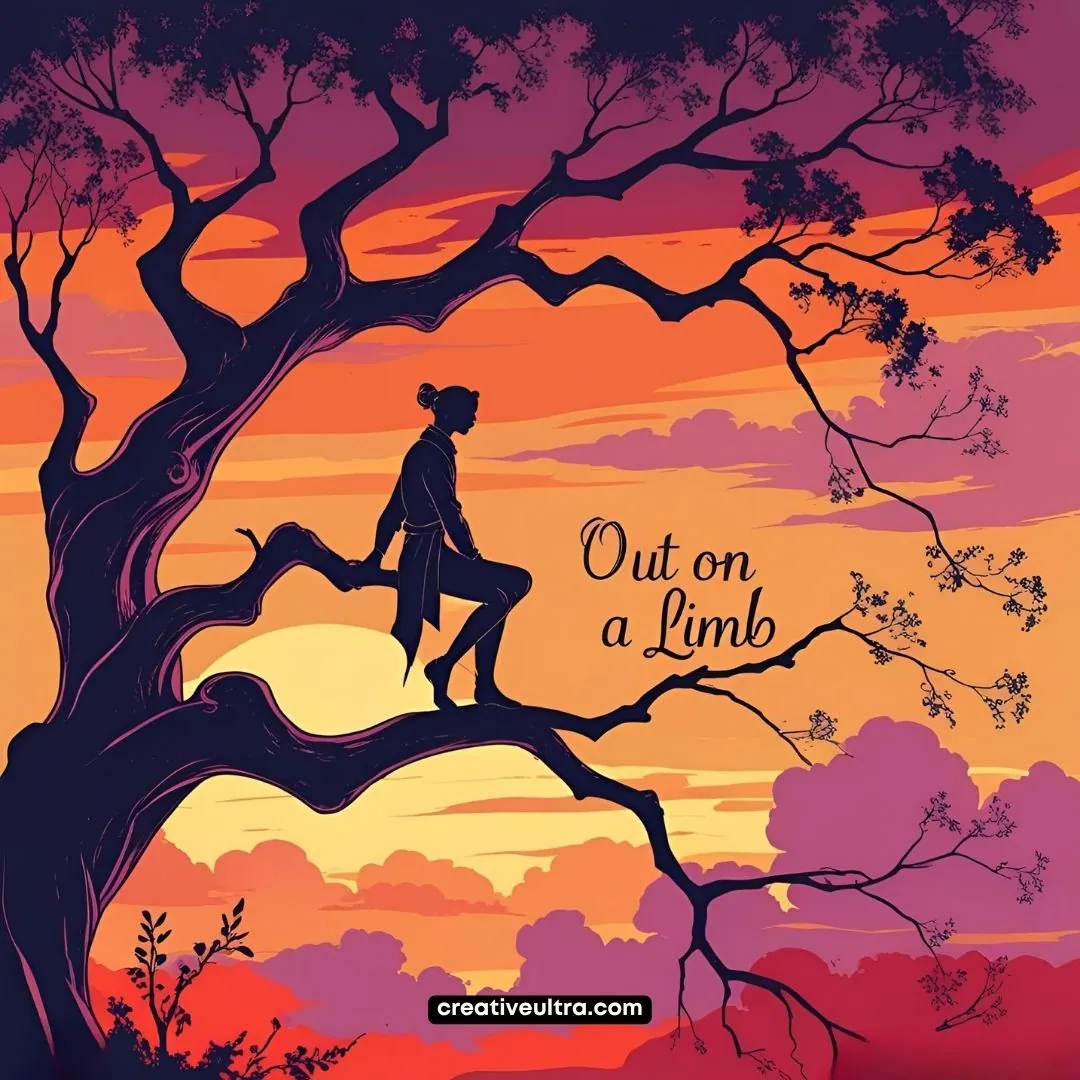 Silhouette of a person sitting on a tree branch against a vibrant sunset sky with purple and orange hues, accompanied by the text "Out on a Limb."