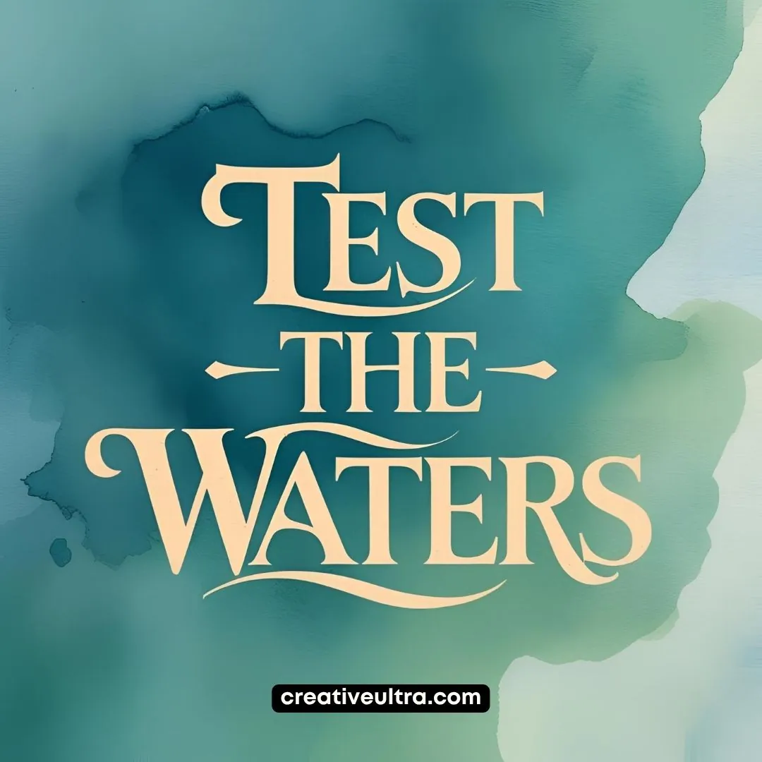Text "Test the Waters" in elegant beige font on a teal watercolor background; the mood is calming and introspective, with a web link below.