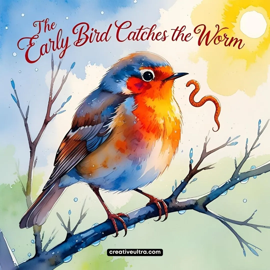 Watercolor bird on branch catches a worm, set against a bright sky. Text: "The Early Bird Catches the Worm" conveys a motivational tone.