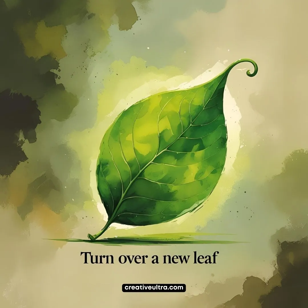 A vibrant green leaf with detailed veins, set against an abstract background of soft greens and browns, accompanied by the phrase "Turn over a new leaf."