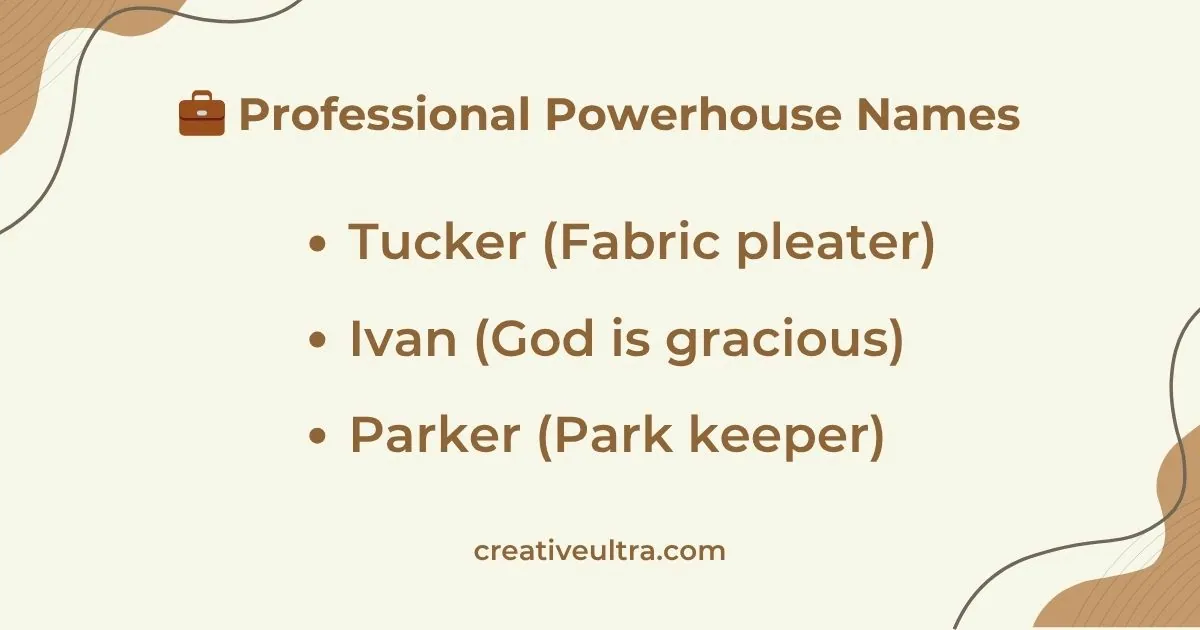 "Professional Powerhouse Names list on a beige background with abstract brown shapes. Includes Tucker, Ivan, and Parker with meanings. creativeultra.com at the bottom."
