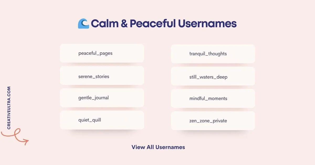 "Image titled 'Calm & Peaceful Usernames' with soft pink background. Features eight calming usernames such as 'peaceful_pages' and 'tranquil_thoughts'."