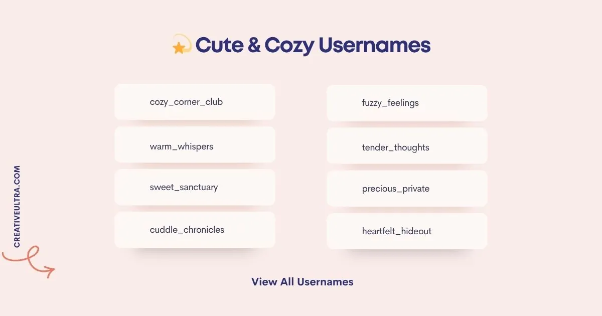"Image titled 'Cute & Cozy Usernames' with two columns of usernames on a soft pink background. Left: cozy_corner_club, warm_whispers, sweet_sanctuary, cuddle_chronicles. Right: fuzzy_feelings, tender_thoughts, precious_private, heartfelt_hideout. Bottom text reads 'View All Usernames.'"