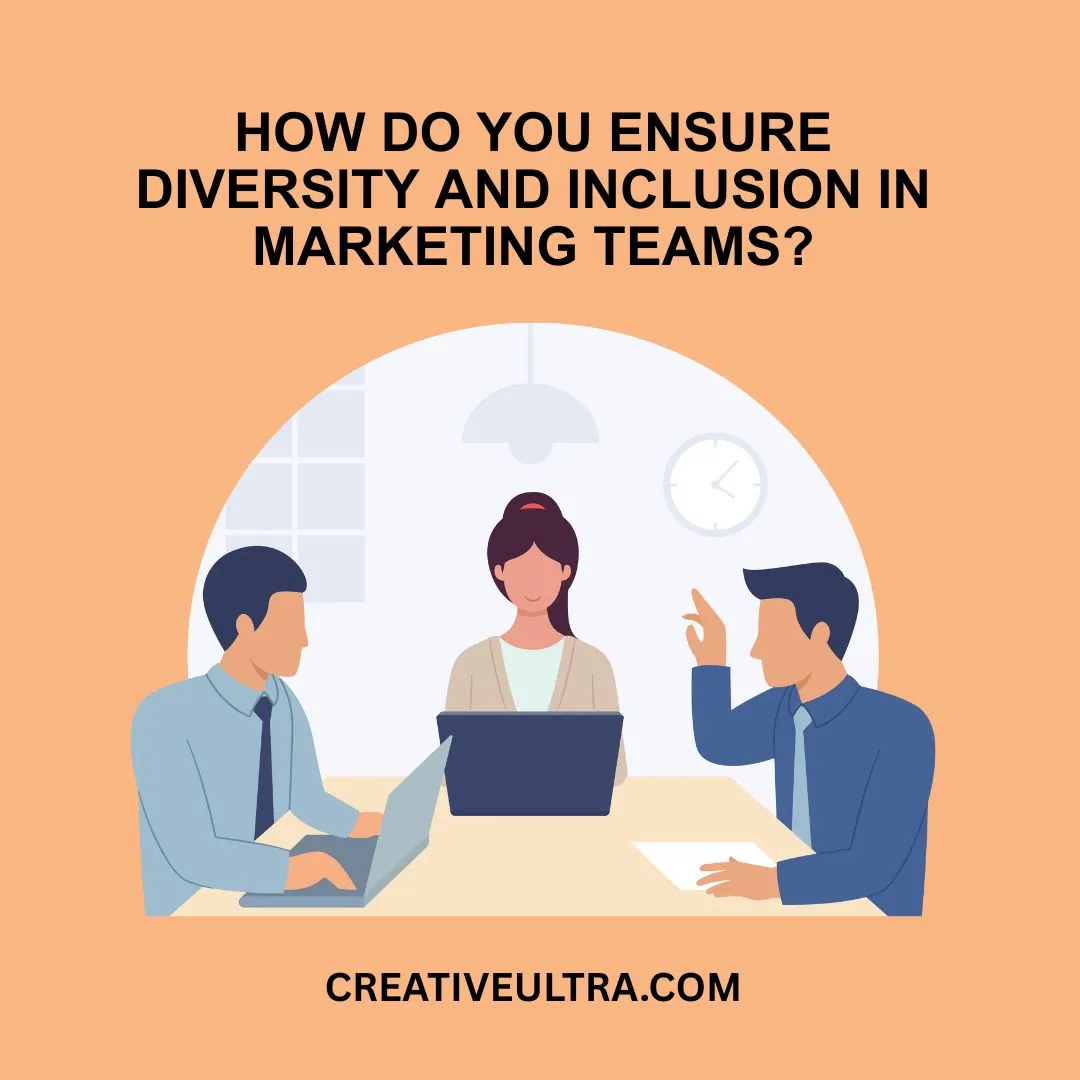 Illustration of a diverse team discussing inclusion in marketing, with two men and a woman at laptops. Text above asks about ensuring diversity. Business setting.