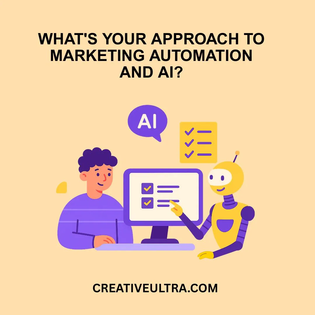 Illustration of a person and a robot interacting with a computer. The text asks about marketing automation and AI, conveying a collaborative tone.