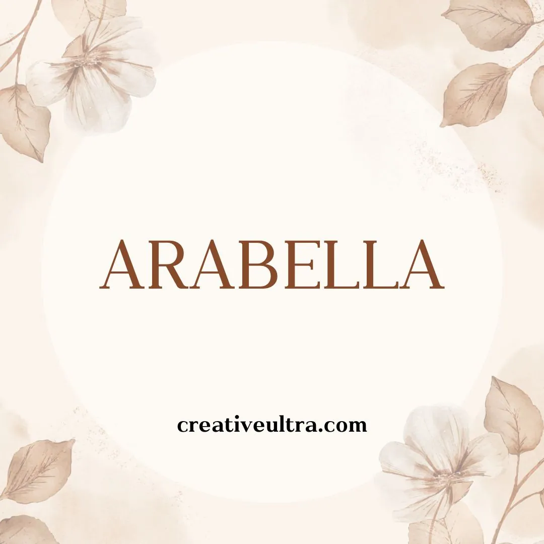 Text "ARABELLA" in brown on a white circle with subtle floral design on beige background. Elegant and vintage feel. "creativeultra.com" below.