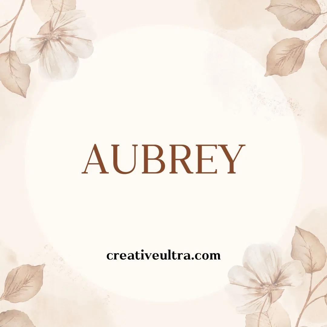 Text "AUBREY" centered in brown on a beige flower-themed background. Soft, delicate floral illustrations frame the text. Below, "creativeultra.com" is written in black.
