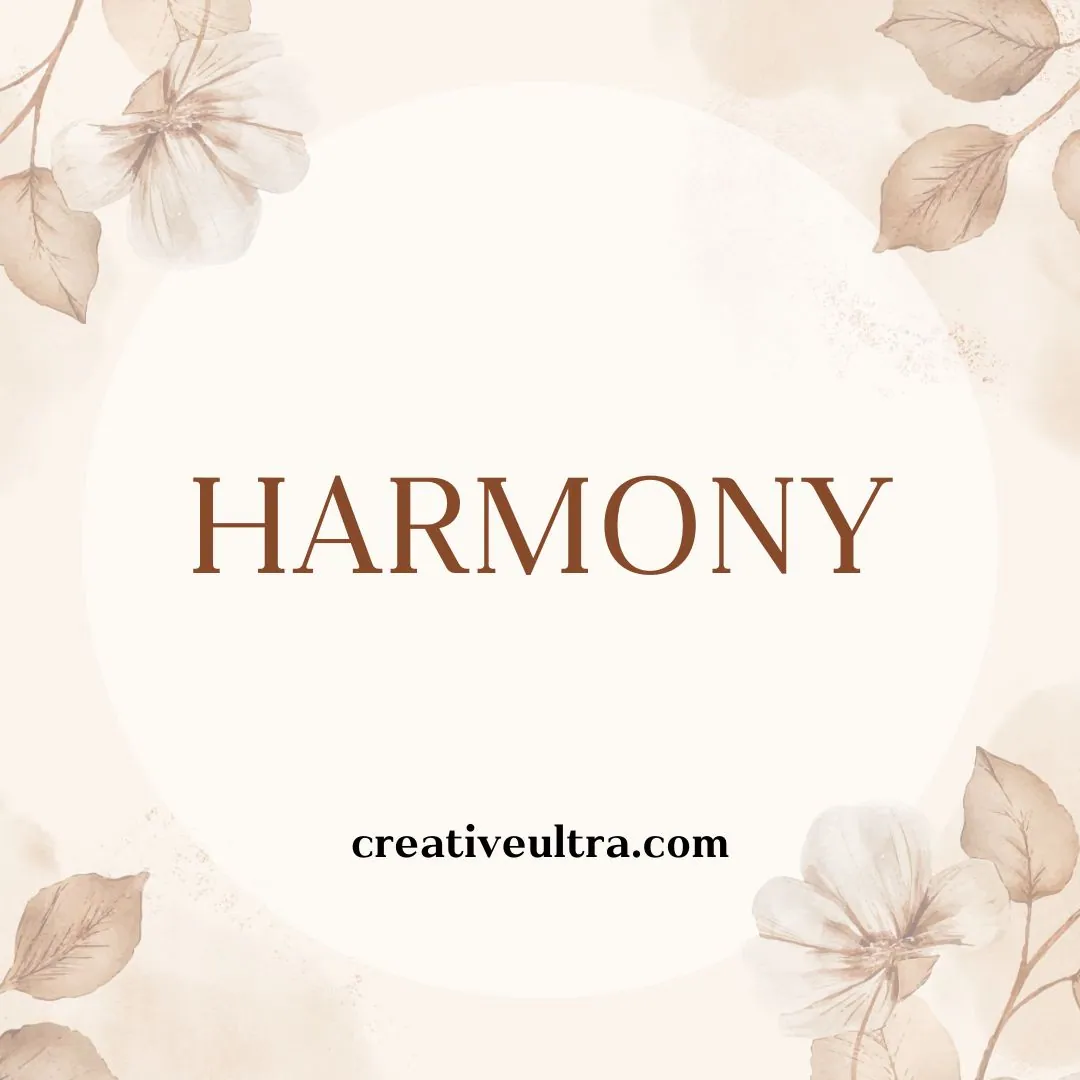Text "Harmony" in brown letters centered on a soft peach background with delicate, sepia-toned flowers and leaves. Calm and elegant feel.