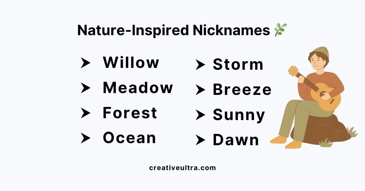 Nature-inspired nicknames listed on a white background include Willow, Meadow, Forest, Ocean, Storm, Breeze, Sunny, and Dawn. An illustration of a person playing guitar adds a calm, creative vibe.