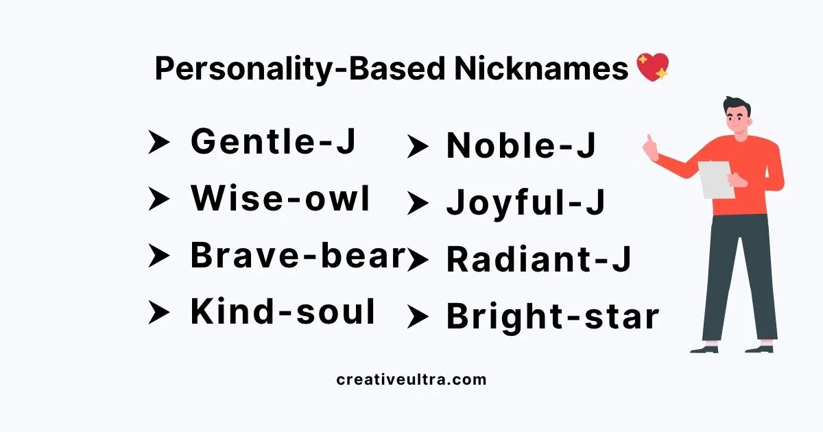 "Illustration of personality-based nicknames such as Gentle-J, Wise-owl, and Noble-J. A cartoon person in red holds a paper, exuding warmth and friendliness."