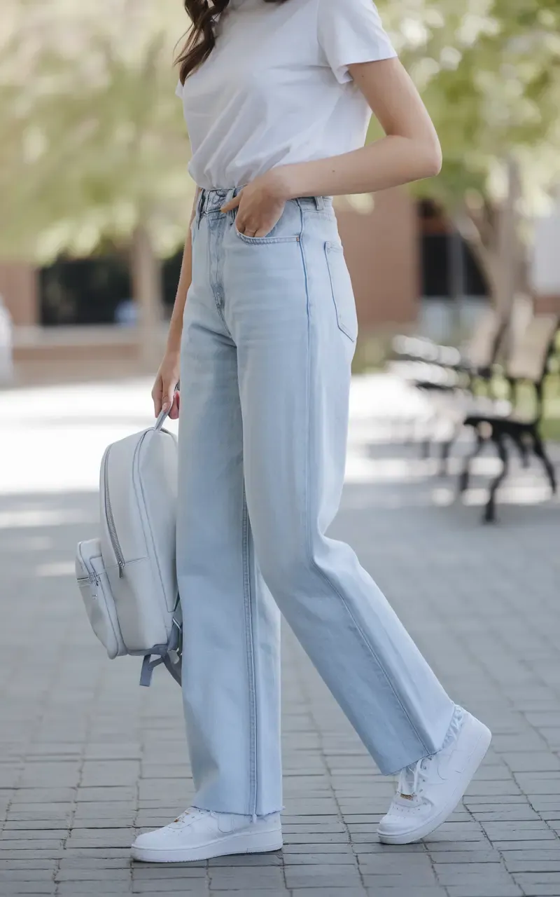 This is a timeless school outfit. A simple white t-shirt tucked into your favorite pair of jeans never goes out of style. Add sneakers and a backpack, and you are ready for the day.