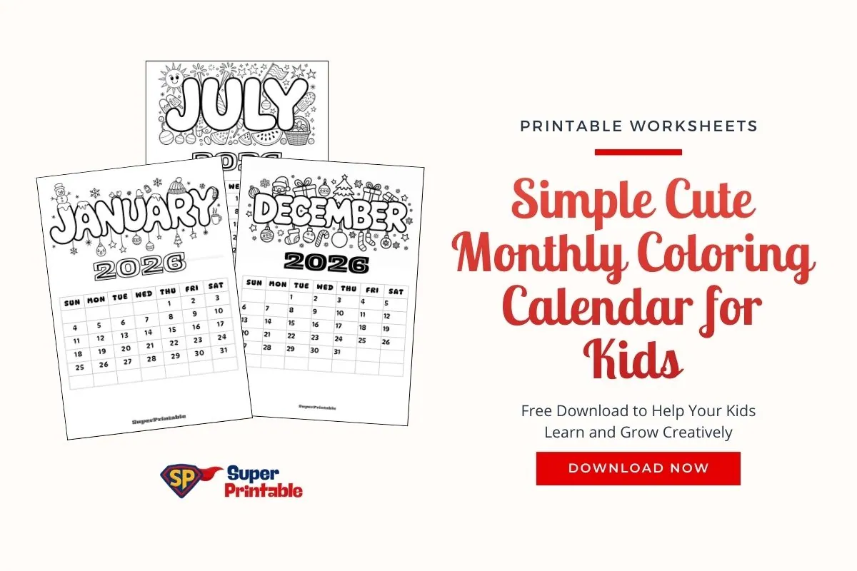 Simple Cute Monthly Coloring Calendar for Kids | Free PDF Printables