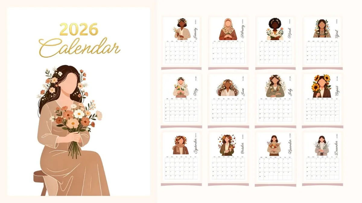 A Year In Bloom Modern Female Illustrated 2026 Calendar