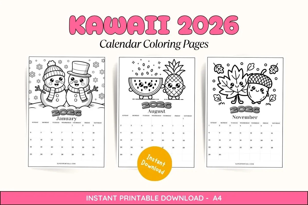 Kawaii 2026 Calendar Coloring Pages