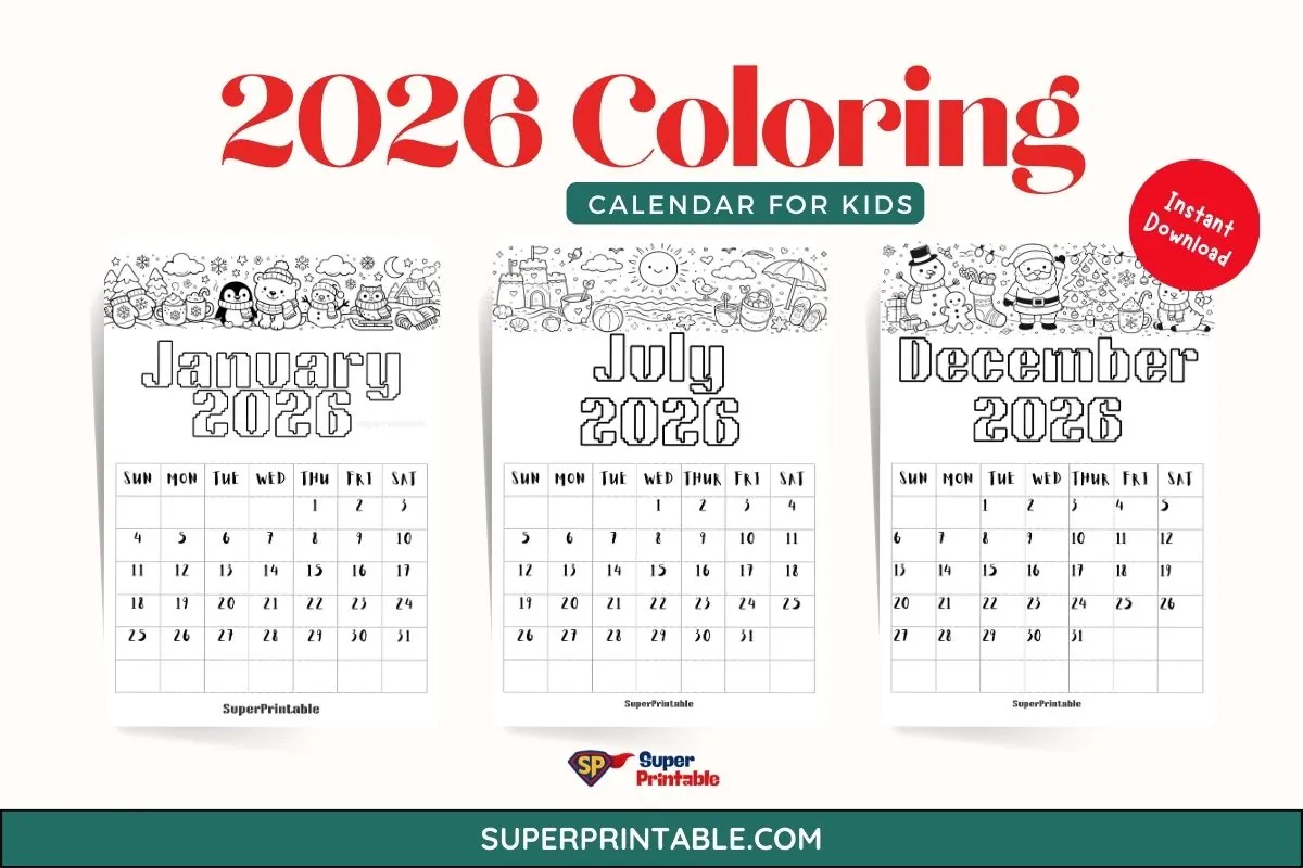 2026 Coloring Calendar for Kids