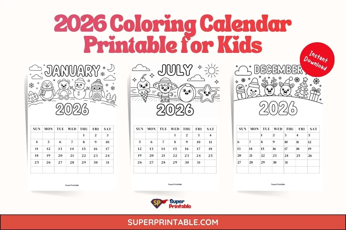 2026 Coloring Calendar Printable for Kids